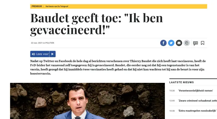 Telegraaf nepbericht Baudget geeft toe Ik ben gevaccineerd - #BaudetIsGevaccineerd